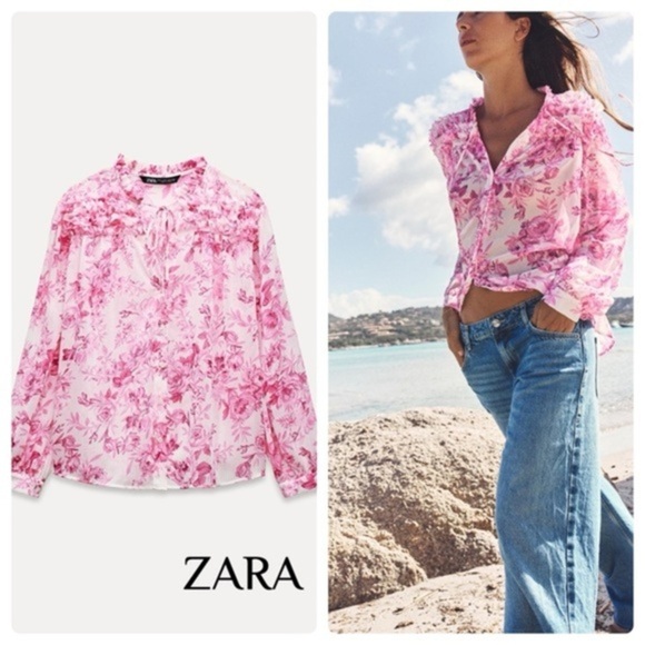 NWT ZARA WOMEN RUFFLED PRINT BLOUSE - Picture 1 of 2